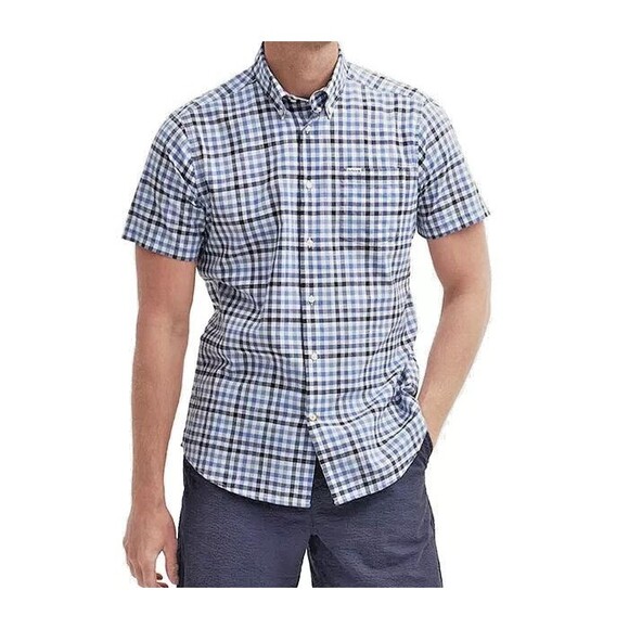 Barbour Men's Kinson Gingham Short Sleeve Button-Down Shirt Navy Blue White M - Picture 1 of 5